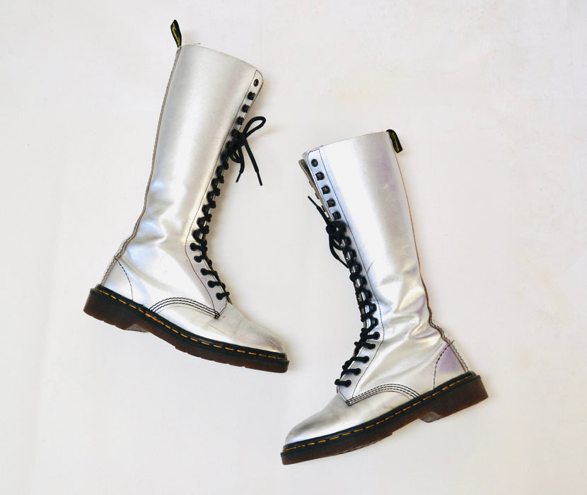 90s Dr. Martens Boots Women Size 6 Metallic Silver Boots Lace up knee high Boots// Vintage Doc Marten Silver Boots Size 5 UK Made in England