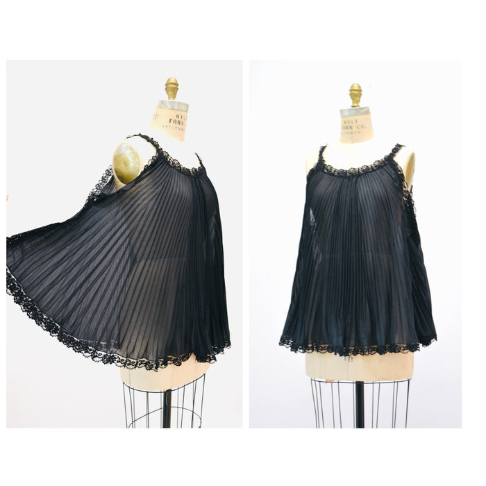 60s 70s Vintage Black Sheer Babydoll Pleated Nightgown Lingerie by Parisian Maid// Black Sheer Lingerie Night gown Black Honeymoon Maternity