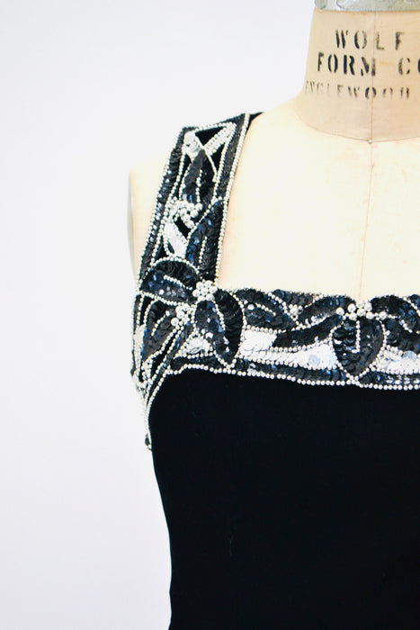 90s Vintage Prom Party Dress Black velvet Dress Silver Sequins XS Small // 90s Velvet Tank Dress Black Silver Sequin Body con dress XS