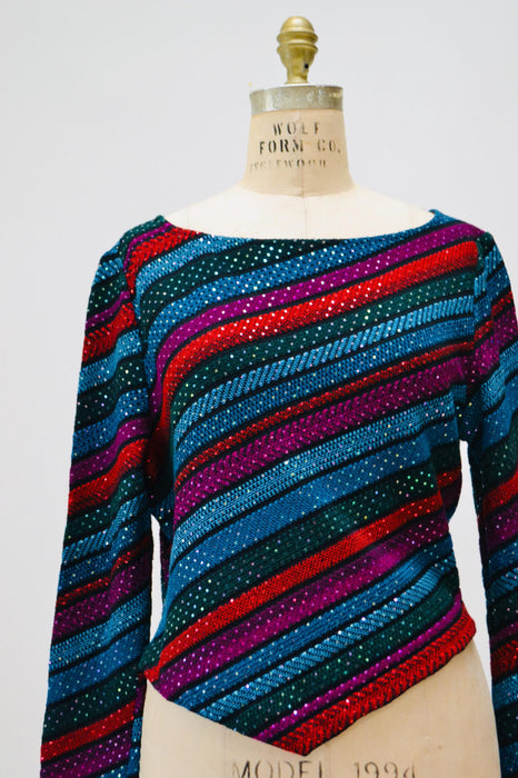 80s Vintage St John Striped Sweater Top Red Black Metallic Cropped Sweater Knit Medium Large St John Evening Party Top Striped Long Sleeves
