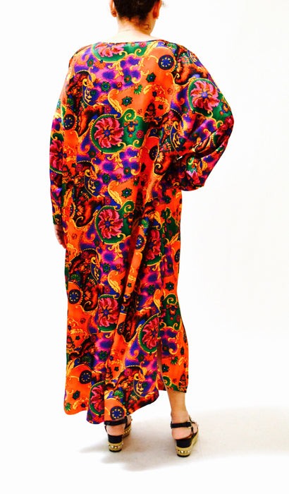 80s 90s Vintage Paisley Print Red Dress Caftan Kaftan Large XL Baroque Paisley Print Nightgown Boho Hostess House Dress by Val Mode
