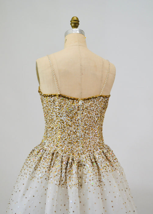 Vintage Off white Silk Sequin Dress Riazee Boutique Lillie Rubin White Gold Silk Beaded and Sequin Dress Cocktail Wedding Dress Naeem Khan