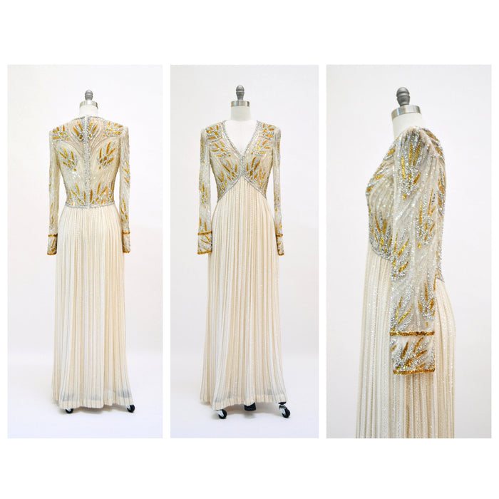 80s 90s Vintage Silver Gold White Cream Beaded Gown Dress Small Medium Bob Mackie Silk// Vintage Wedding Gown Beaded Art Deco Gown Small