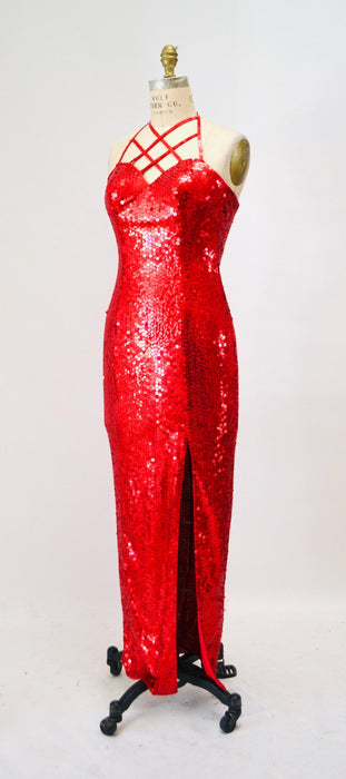 90s Vintage Red Sequin Party Dress Small// Vintage Red Sequin Prom Party Evening Gown Dress Small Pageant Jessica Rabbit Party Dress
