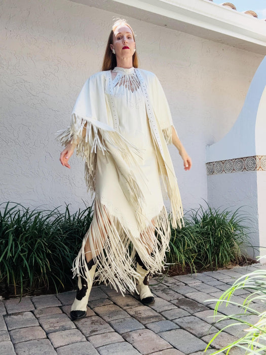70s 80s Vintage White Leather Fringe Dress and Fringe Leather Cape 80s Country Music Western Wedding Cowgirl Dress by Mandana Medium