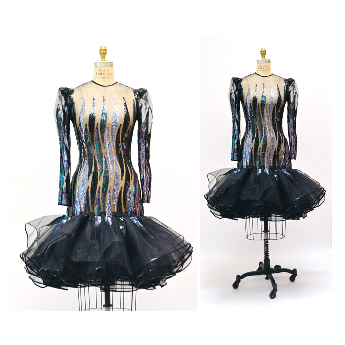 Vintage 80s Black Sheer Sequin Dress by Victor Costa Small// 80s Black Metallic Sequin Prom Party Dynasty Dress Long Sleeve Ruffle Skirt