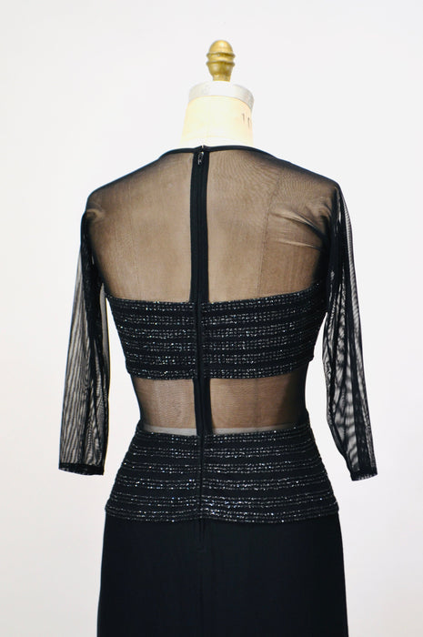 90s Vintage Black Metallic Evening Gown Prom Dress Illusion Dress Small // Black 90s Mesh Cut out Dress Bondage Dress Small Medium Tadashi