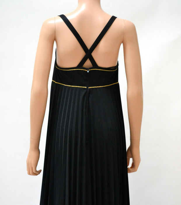 70s Vintage Black Maxi Dress Black And Gold Long Dress Small // Vintage Black Pleated Maxi Dress Long Bridesmaid Evening Gown Trevira