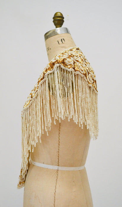 Vintage Gold Pearl White Cream Beaded Sequin Shawl Wrap Burlesque Wedding Flapper Gold Metallic Beaded Wedding Vintage Fringe Collar Shawl