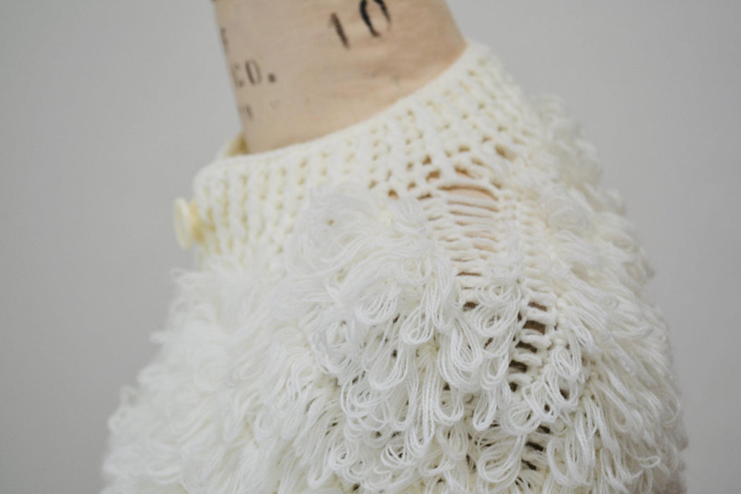 70s Vintage Cream White Loop Knit Shag Sweater Cardigan Small Medium Vintage Wedding Faux Fur Sweater Cardigan by J Gallery White Sweater