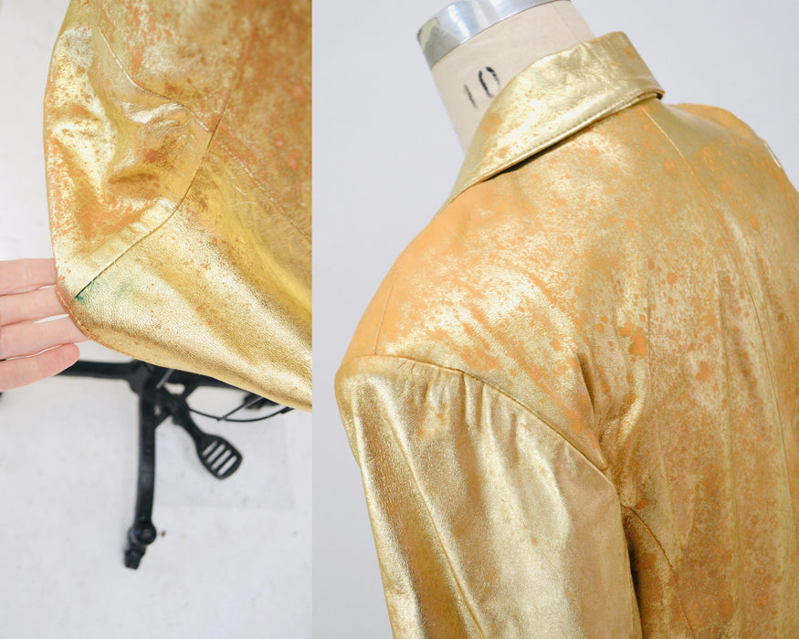 80s 90s Vintage Gold Metallic Rhinestone Leather Suit Jacket Skirt Set Lillie Rubin Medium Large 80s Glam Gold Studded Leather Jacket Skirt