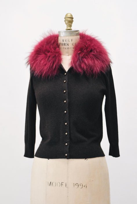 Vintage Y2K Fox Fur Collar Cardigan Sweater Red Brown Sweater Cardigan Top Small Y2k Brown Wool Cardigan Sweater Fox Fur collar Sweater top