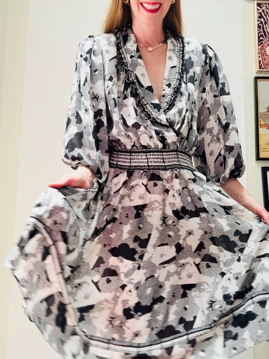 80s Party Ruffle Dress Black White Floral Print Ruffle Peasant Dress Medium Dress Diane Freis inspired 80s 90s Ruffle Summer Party Dress