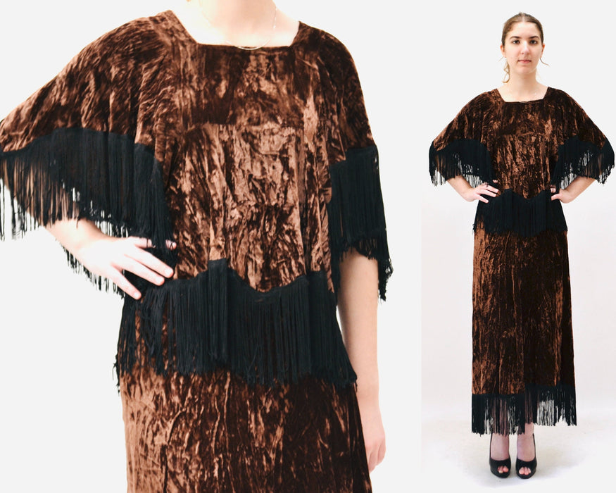 70s AMAZING Vintage Brown Crushed Velvet Fringe Top and Skirt By David Silverman Made in England Fringe 70s Festival Boho Top Skirt Dress