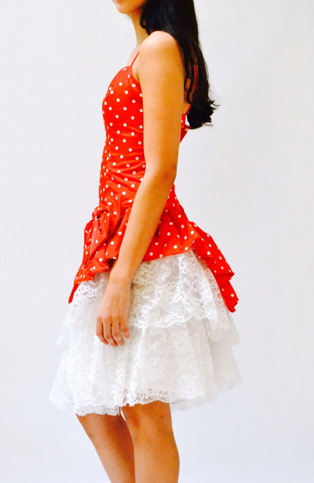 80s Prom Dress Red Polka Dot Party Dress XS Small Loralie // 80s Red Prom Dress Minnie Mouse Polka Dot Dress Lace Crinoline Skirt XS Small