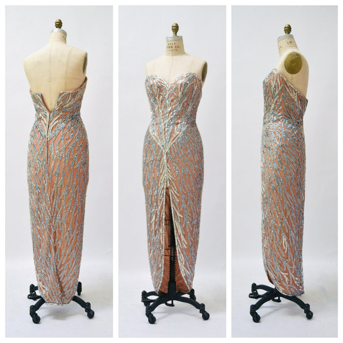 80s 90s Vintage Silver Cream Blue Beaded Sequin Gown Dress Small Medium By Bob Mackie Silk// Vintage Wedding Gown Sequin Strapless Beach