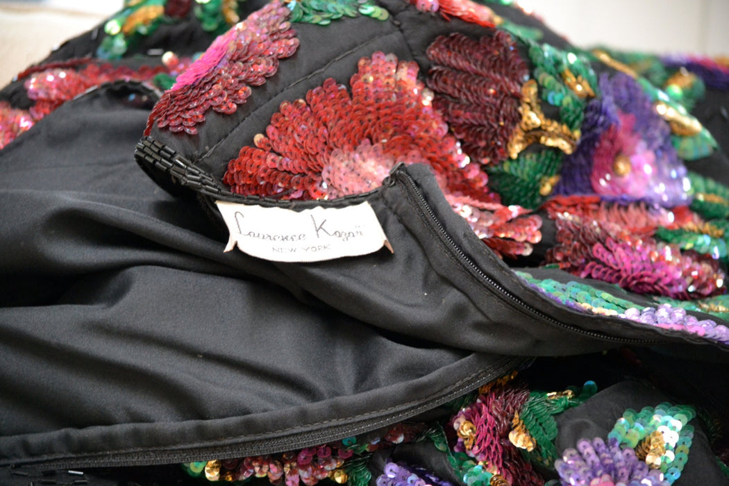 Vintage Sequin Shirt Size Medium with Flowers Black and Pink// Vintage Sequin Beaded Top Size Medium by Laurence Kazar Flapper Inspired