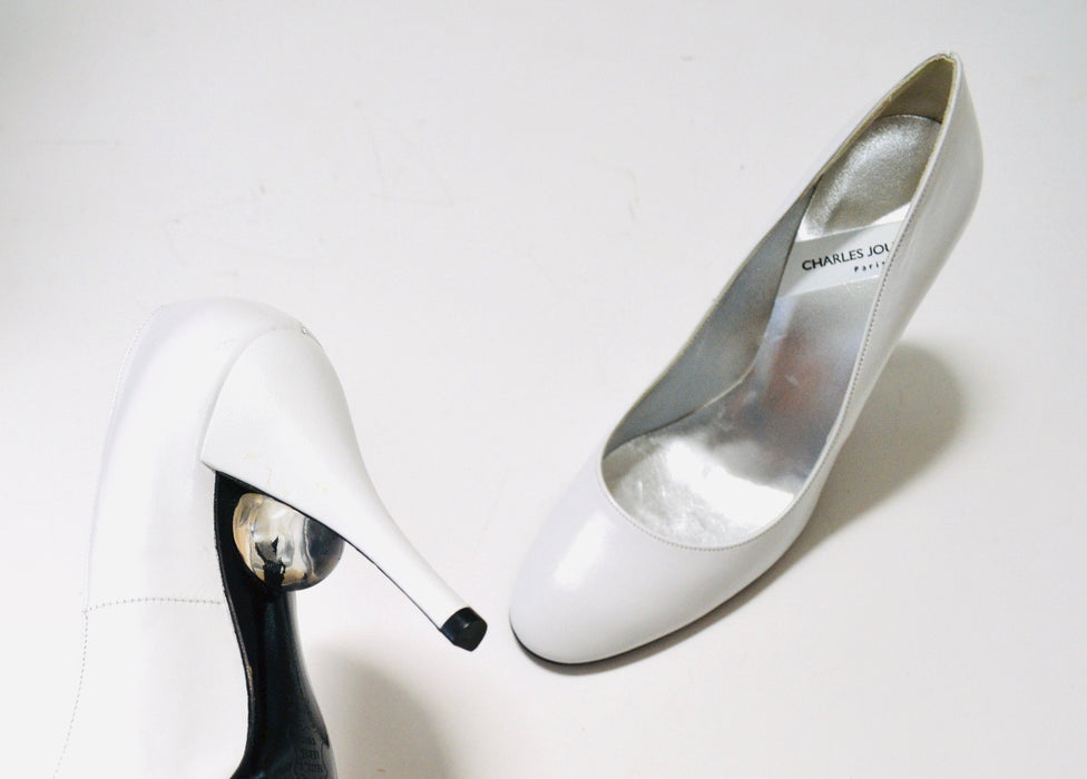 90s y2k Vintage Charles Jourdan White High Heel Shoes Pumps size 7 Made in France White Wedding High Heels Clear lucite Ball Leather Heels