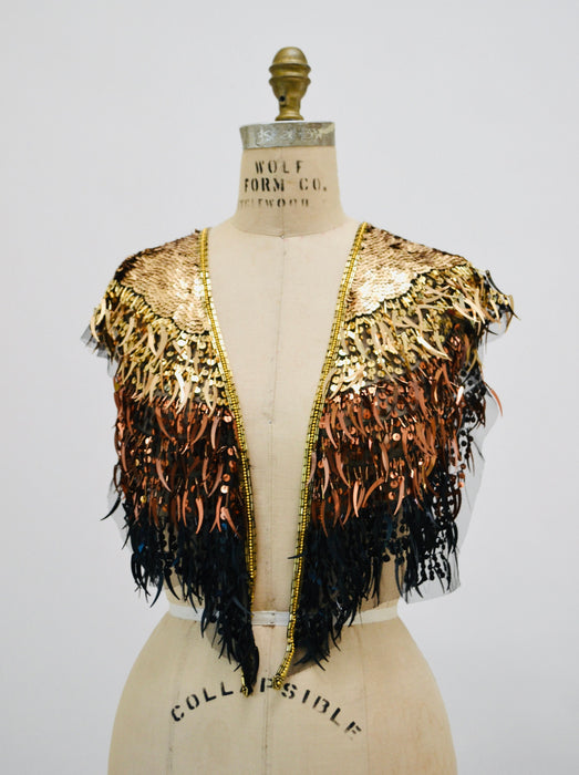 Vintage Gold Black Beaded Fringe Shawl Wrap Burlesque Wedding Flapper Gold Metallic Beaded Vintage Fringe Collar Shawl GOld Shawl Sharmark