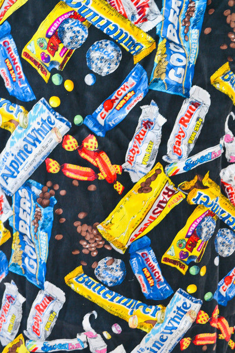90s Vintage Nicole Miller Silk Shirt Size Large with Chocolate Candy Bar Food Print// 90s Pop art Conversational Print Silk Shirt