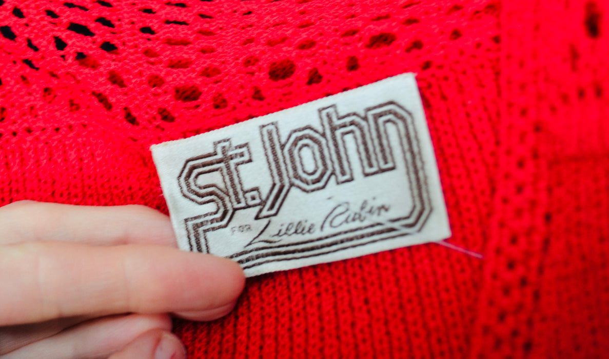 70s 80s Vintage Red St John Dress Lillie Rubin Red Knit Dress St John // 70s 80s Red Sweater Knit Dress XS Small Crochet Designer Dress