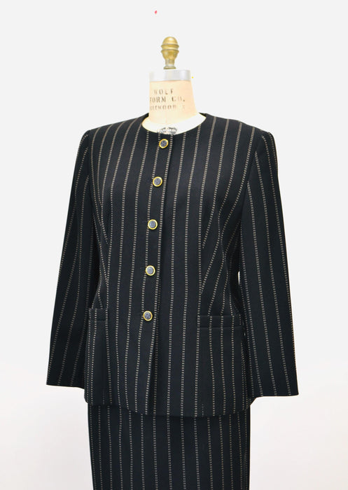 Vintage Escada Suit Pinstripe Wool Escada Suit Jacket Skirt Blazer Large Black white Striped Skirt Suit Black Stripe Jacket Medium Large