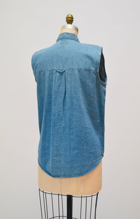 80s 90s Vintage Denim Tank Top Gold Animal Patches and Rhinestones Size Small Medium Metallic Denim Jean Denim Shirt Top 80s 90s Glam