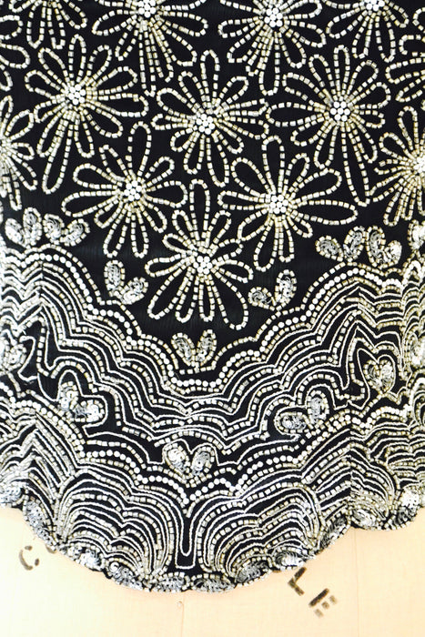 90s 00s Vintage Black Metallic Silver Beaded Sequin Top Shirt Medium Daisies Flowers// Vintage Sequin Beaded Top Medium Flapper Inspired