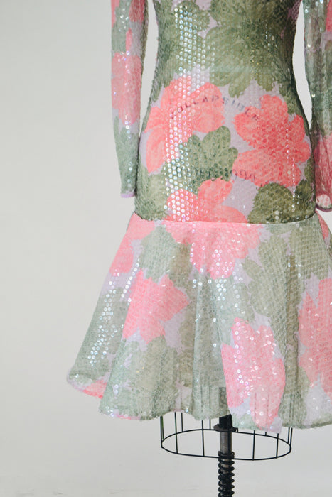 Vintage 80s Sheer Floral Print Sequin Dress by Victor Costa XS Small// 80s Sheer Sequin Prom Party Wedding Dress Long Sleeve Garden Party
