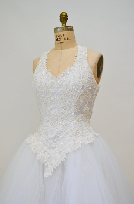 Vintage 2000s Halter Neck Wedding Dress Oleg Cassini White Crinoline Tulle Princess Wedding GOWN XS Small Sleeveless Wedding Dress With Veil