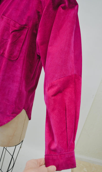 Vintage 90s Bright Pink Leather Shirt Button Down Sueded Leather Shirt Long Sleeve Top Leather Blouse Top Large 90s Pink Fuchsia Suede Shirt
