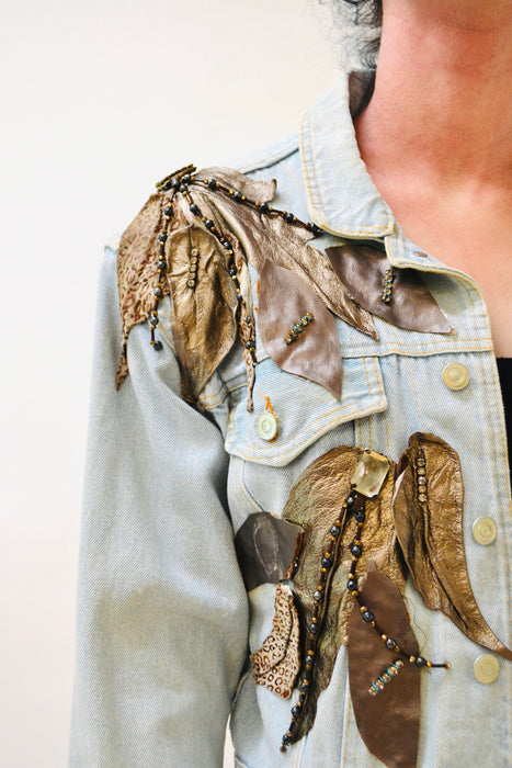 80s Vintage Denim Jacket Leather Rhinestone Medium // 90s 80s  Glam Denim Jean Jacket Womens Beaded Flower Leather Jean Jacket Art to Wear