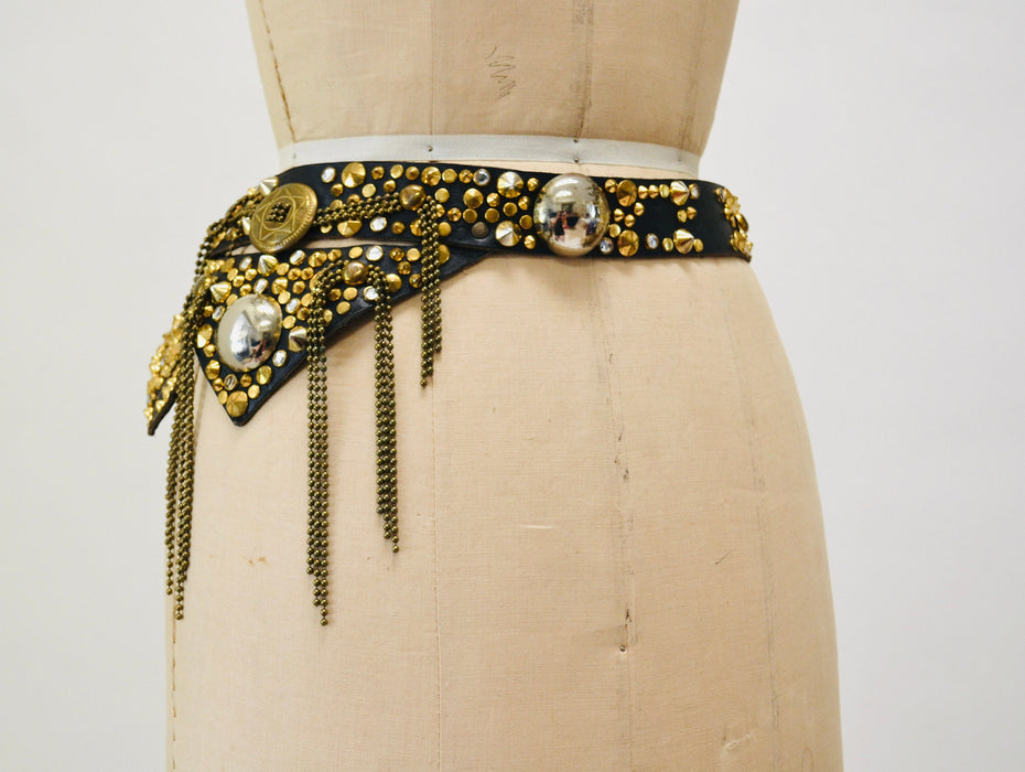 80s Vintage Black Gold Studded Rhinestone belt by Michael Morrison Black Leather Gold fringe Metallic Belt Rockstar Belt Medium large