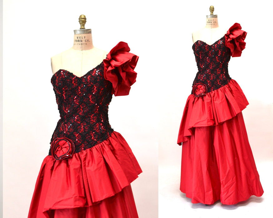 80s Prom Dress Red Black ruffle Sequin dress// Vintage 80s Party Flamenco Pageant Dress XS Small// Vintage 80s Spanish Sequin Party Dress