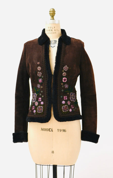 90s 00s Y2k Vintage Moschino Cheap and Chic Embroidered Shearling Sheepskin Jacket Afghan Coat Brown Purple Flower Jacket Small Medium