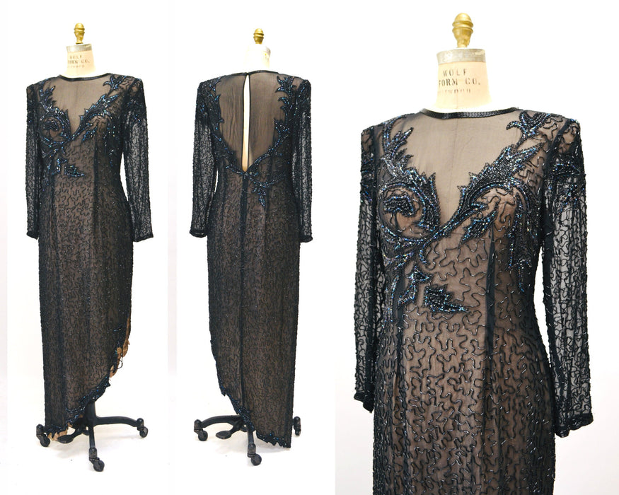 90s Vintage Black Beaded Sequin Party Dress Medium Large// 80s 90s Pageant Formal Black beaded Dress long sleeves Large Silk LIllie Rubin