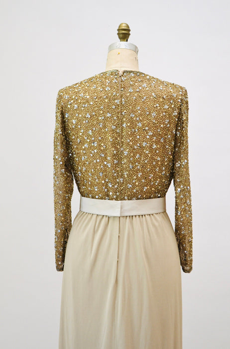 70s 80s Gold Sequin Metallic Dress Gown Wedding Dress 70s Gold Silver Beaded Dress Medium By Claire Pearone// 70s Vintage Beaded Gold Dress