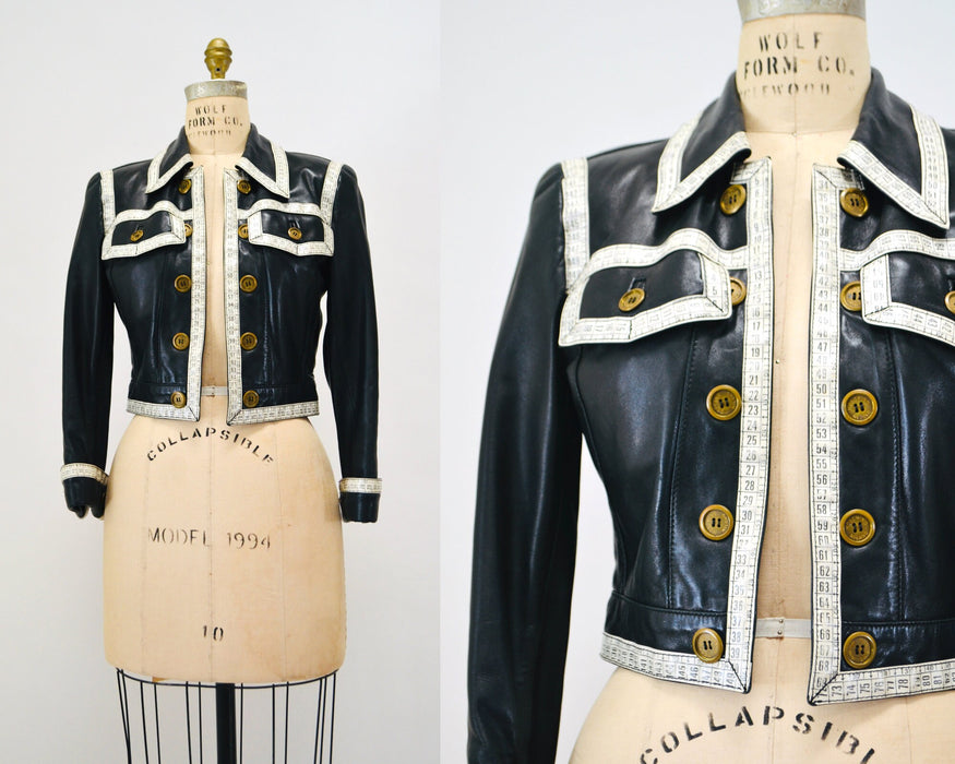 90s Vintage Black Leather Jacket by Moschino Leather Small Made in Italy// 90s Black Leather Jacket Tape Measure Trim Designer Seamstress