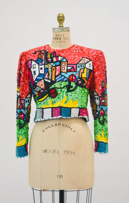 90s Vintage Jeanette Kastenberg Platinum Sequin Picasso Romero Britto Brazilian Miami Cubism Inspired Red Sequin Beaded Jacket Medium
