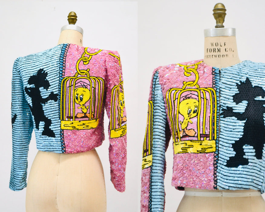 90s Vintage Jeanette Kastenberg Platinum Sequin Jacket Looney Tunes Warner Brothers Cartoon Beaded Jacket Small Tweety Bird and Sylvester