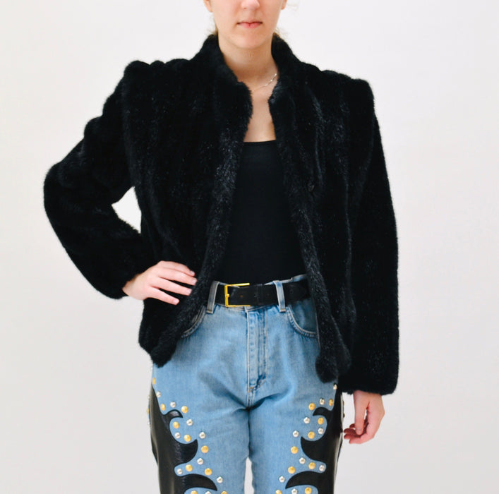 80s Vintage Faux Fur Black jacket Coat 80s 90s Black Cropped Faux fur Jacket Coat XS Small 80s 90s Glam Black Fur Party Jacket Black