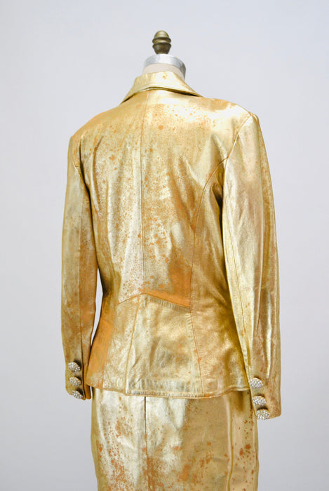 80s 90s Vintage Gold Metallic Rhinestone Leather Suit Jacket Skirt Set Lillie Rubin Medium Large 80s Glam Gold Studded Leather Jacket Skirt