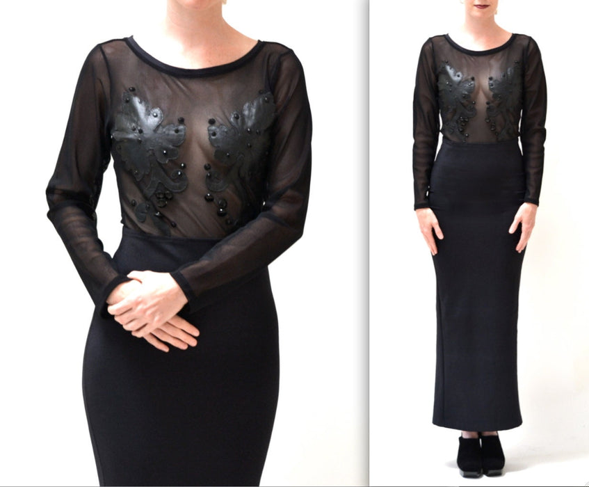 90s Vintage Black Dress Evening Gown Long Sheer Black Dress Small Illusion Dress Leather Mesh // 90s Vintage Sheer Dress Small Van Buren