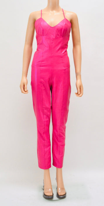 2000s Y2k Pink Leather Jumpsuit Cat Suit Pink Leather Lace up Sexy Jumpsuit By Michael Hoban North Beach Leather Size XS Small