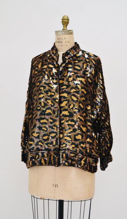 80s 90s Vintage Sequin Jacket Black Small Medium Large Leopard Cheetah Animal Pattern// Glam Vintage Black Sequin Jacket Animal Modi Medium