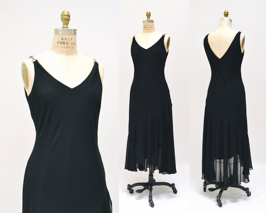 Vintage 00s Y2K Bias Cut Black Dress Black Chiffon Tank Dress Medium Large// 90s Black Tank Slip prom Bias cut Dress Medium Large
