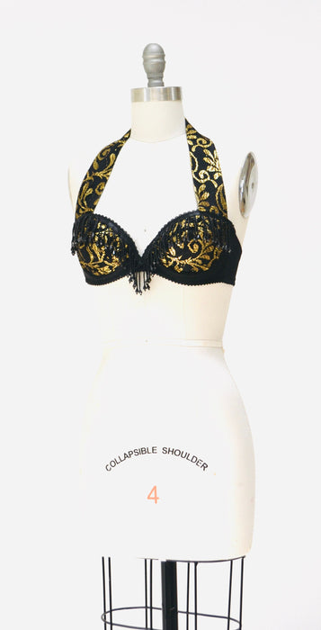 80s 90s Black Lace Bra Showgirl Beaded Fringe Halter neck Bra Crop Top Gold beaded fringe top 80s Madonna Costume top Black Lace Fringe Bra