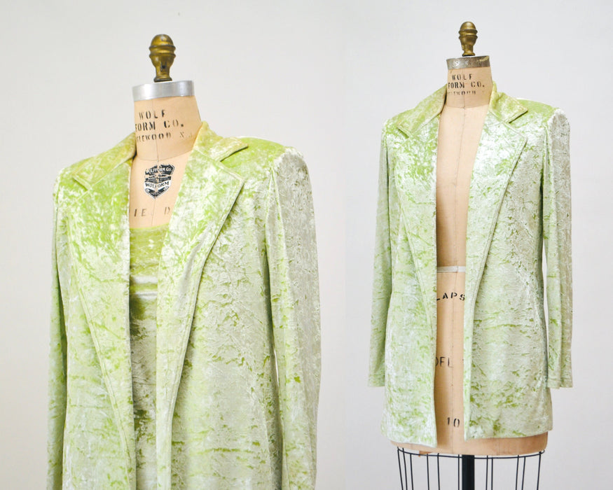 90s Vintage Lime Green Velvet Jacket Blazer Suit Green Crushed velvet Jacket XS Small Criscione // 90s Vintage velvet Wedding Party Jacket