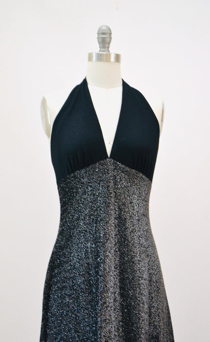 1970s Vintage Black Maxi Dress 70s Metallic Black Silver Party Disco Dress Black Halter Neck Prom Dress Black Long Maxi Dress XS Small