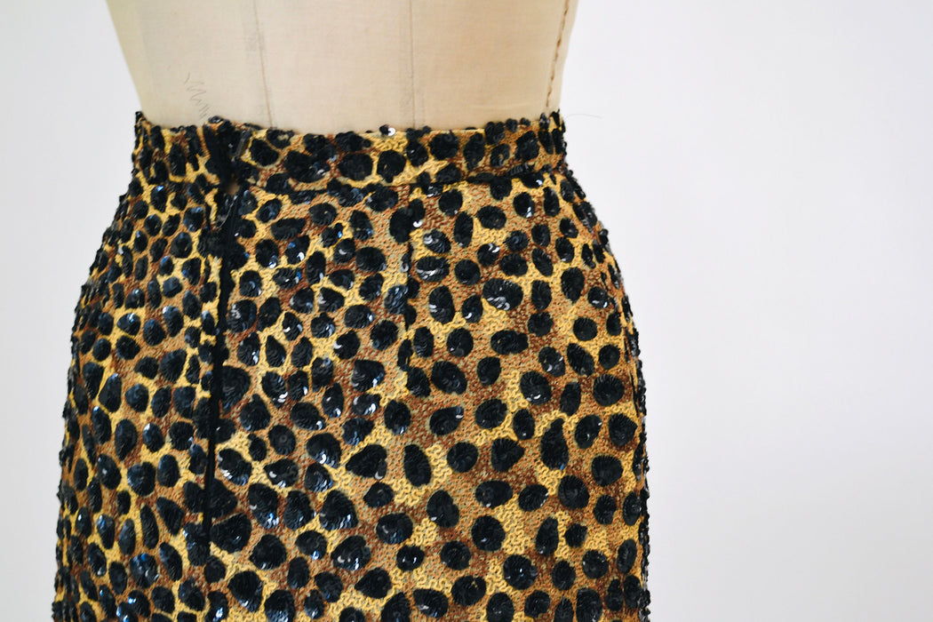 90s Vintage Metallic Sequin Skirt Size Small Animal Leopard Cheetah Print By Jeanette // 90 Vintage Black Sequin Party Skirt Size Small